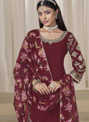 Maroon embroidered  roman silk patiala suits 3