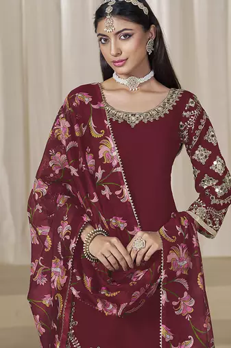 Maroon embroidered  roman silk patiala suits