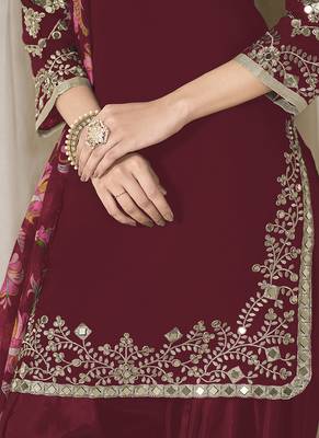 Maroon embroidered  roman silk patiala suits 4