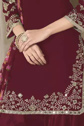 Maroon embroidered  roman silk patiala suits