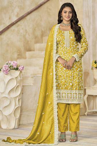 Mustard  embroidered organza (crush fill) salwar kameez