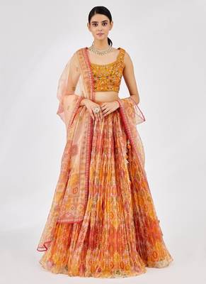 Bright Yellow Mirror Work Organza Function Wear Lehenga Choli 1