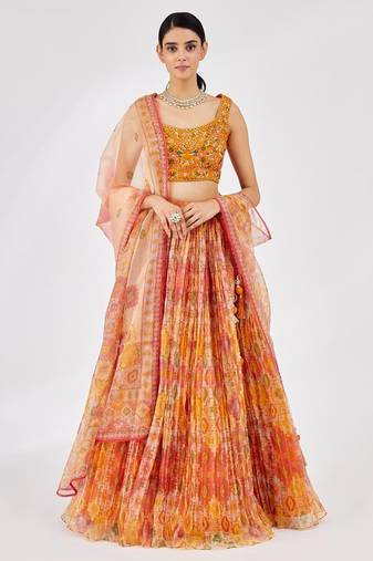 Bright Yellow Mirror Work Organza Function Wear Lehenga Choli