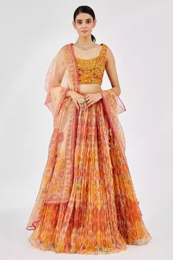 Bright Yellow Mirror Work Organza Function Wear Lehenga Choli