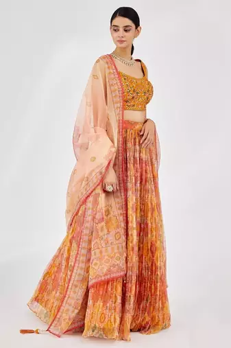 Bright Yellow Mirror Work Organza Function Wear Lehenga Choli