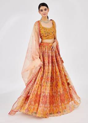 Bright Yellow Mirror Work Organza Function Wear Lehenga Choli 3