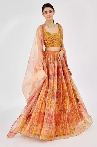 Bright Yellow Mirror Work Organza Function Wear Lehenga Choli