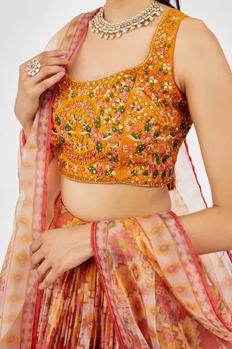 Bright Yellow Mirror Work Organza Function Wear Lehenga Choli