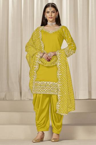 Yellow embroidered roman silk patiala suits