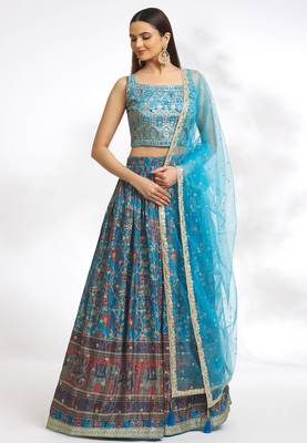 Peacock Blue Chinon Printed Lehenga Skirt Choli Festive Wear 1