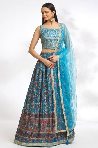 Peacock Blue Chinon Printed Designer Lehenga Skirt Choli Festive Wear