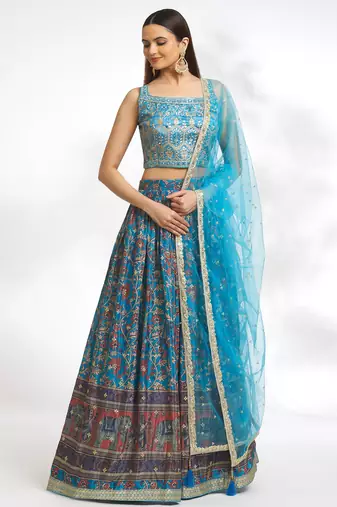 Peacock Blue Chinon Printed Lehenga Skirt Choli Festive Wear