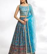 Peacock Blue Chinon Printed Lehenga Skirt Choli Festive Wear