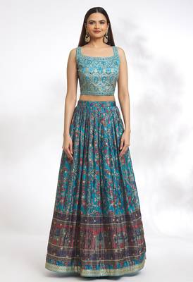 Peacock Blue Chinon Printed Lehenga Skirt Choli Festive Wear 2
