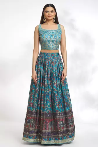Peacock Blue Chinon Printed Lehenga Skirt Choli Festive Wear