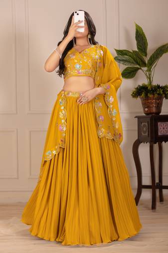 Women's Yellow Faux Georgette Embroidered Sequins Lehenga Festive Wear