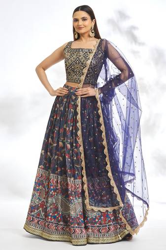 Blue Chinon Printed Designer Lehenga Choli Festive Wear