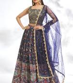 Blue Chinon Printed Lehenga Choli Festive Wear
