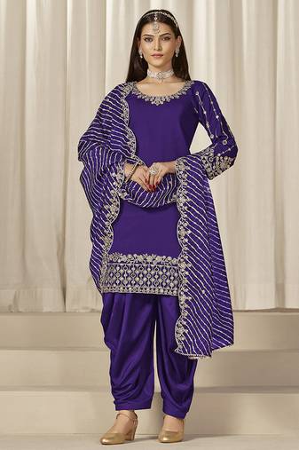 Purple embroidered roman silk patiala suits