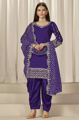 Purple embroidered roman silk patiala suits