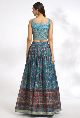 Peacock Blue Chinon Printed Lehenga Skirt Choli Festive Wear 4
