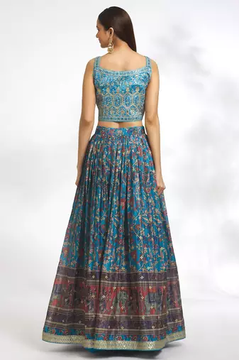 Peacock Blue Chinon Printed Lehenga Skirt Choli Festive Wear
