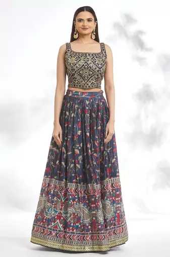 Blue Chinon Printed Lehenga Choli Festive Wear
