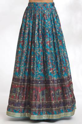 Peacock Blue Chinon Printed Lehenga Skirt Choli Festive Wear 5