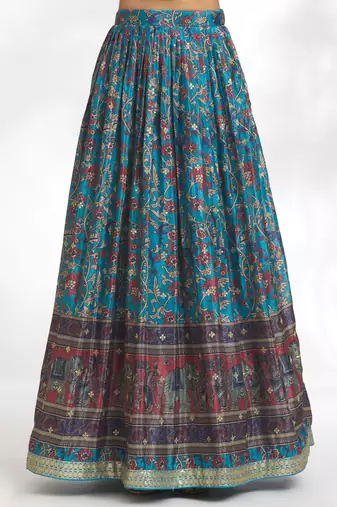Peacock Blue Chinon Printed Lehenga Skirt Choli Festive Wear