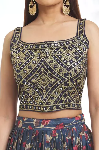 Blue Chinon Printed Lehenga Choli Festive Wear