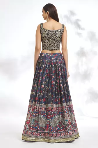 Blue Chinon Printed Lehenga Choli Festive Wear