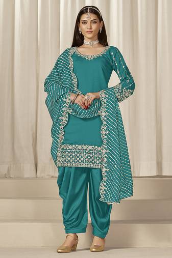 Rama blue embroidered roman silk patiala suits