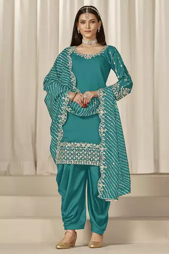 Rama blue embroidered roman silk patiala suits