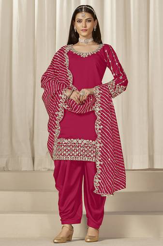Rani pink embroidered roman silk patiala suits