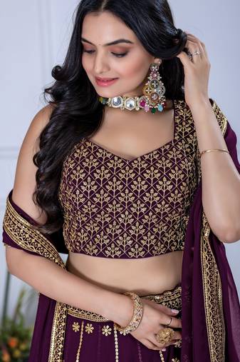 Wine Faux Georgette Embroidered Sequins Lehenga Festive Wear