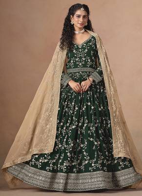 Green embroidered  faux georgette anarkali suit 1