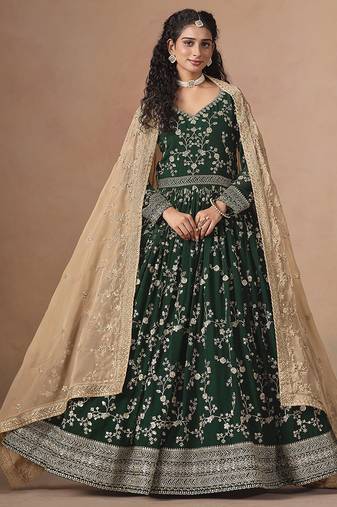 Green embroidered  faux georgette anarkali suit