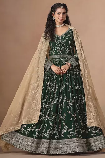 Green embroidered  faux georgette anarkali suit