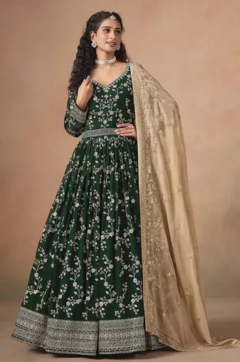Green embroidered  faux georgette anarkali suit