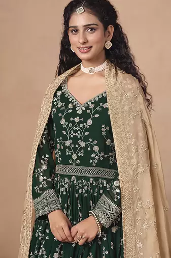 Green embroidered  faux georgette anarkali suit