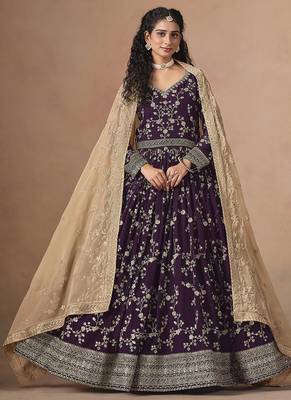 Purple embroidered  faux georgette anarkali suit 1