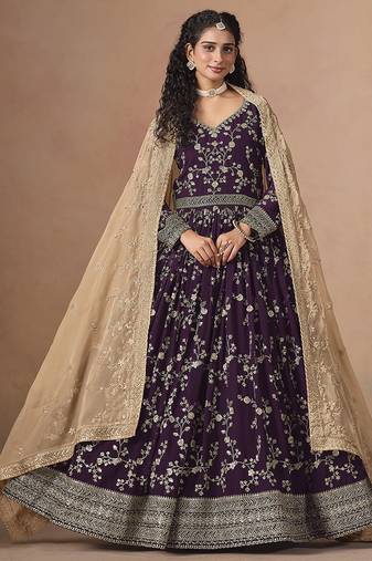 Purple embroidered  faux georgette anarkali suit