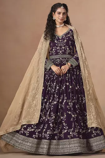 Purple embroidered  faux georgette anarkali suit