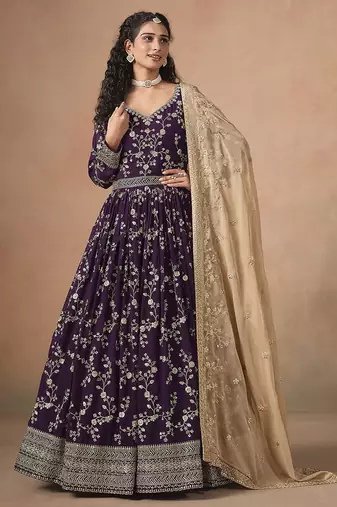 Purple embroidered  faux georgette anarkali suit