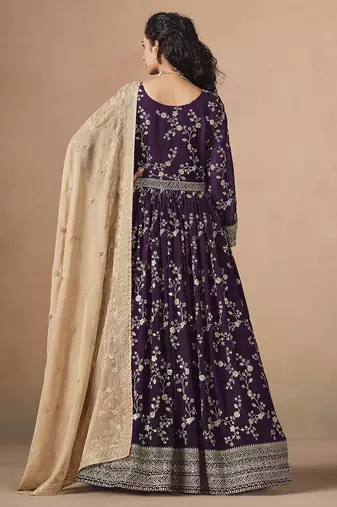 Purple embroidered  faux georgette anarkali suit