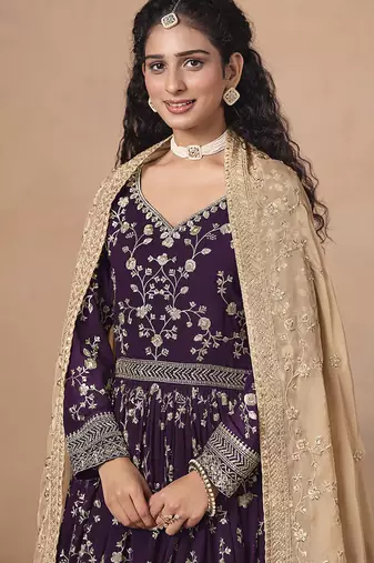 Purple embroidered  faux georgette anarkali suit