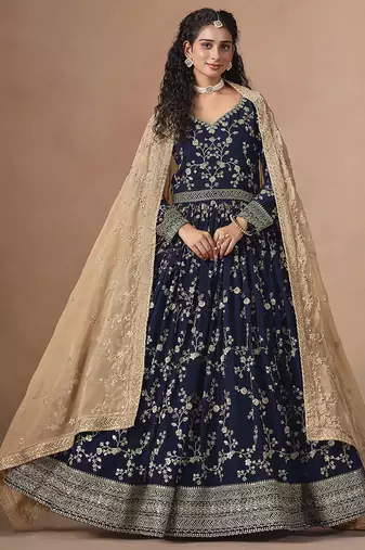 Blue embroidered  faux georgette anarkali suit