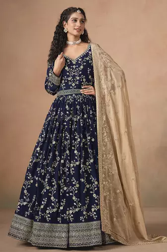 Blue embroidered  faux georgette anarkali suit