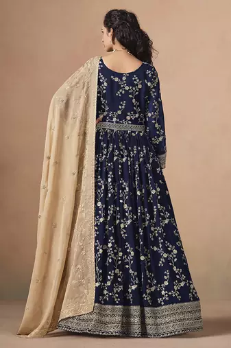 Blue embroidered  faux georgette anarkali suit