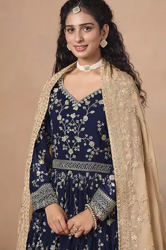 Blue embroidered  faux georgette anarkali suit
